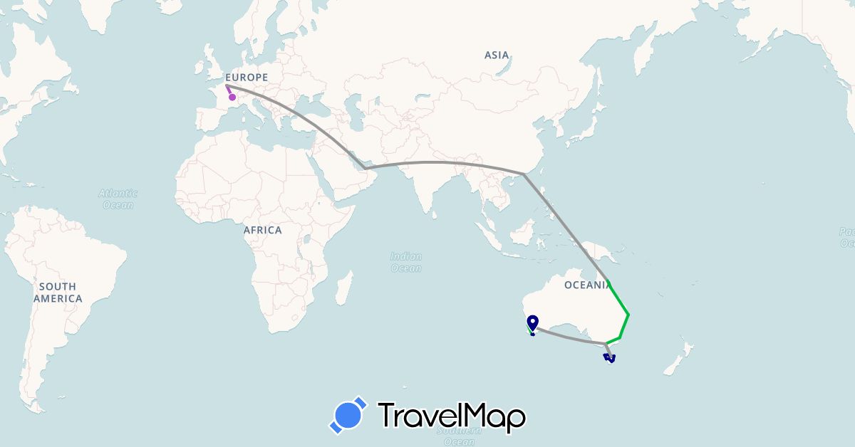 TravelMap itinerary: driving, bus, plane, train in United Arab Emirates, Australia, France, Hong Kong (Asia, Europe, Oceania)
